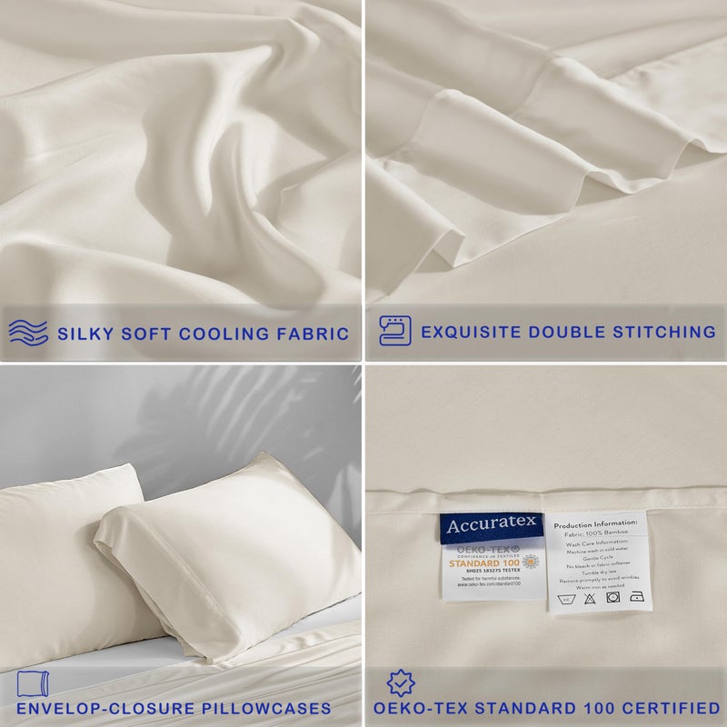 ACCURATEX Cooling Sheets Full Size - 100% Viscose Made from Bamboo, Luxury Cool Silky Sheet Set for Full Size Bed, Super Soft Breathable Bedding Sheets up to 16 inches Deep Pockect, Beige - Image 5